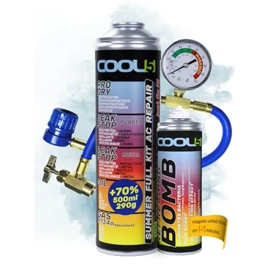 Imagen de gas refrigerante r134a, R134a coche para coches 1995 2016, recambio de con aceite, COOL5 5en1 + Manguera presión manómetro Bomba refresco APC 500ml