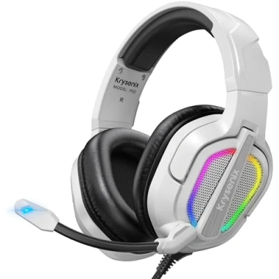 Imagen de Krysenix PG2 Auriculares Gaming para PS4/PS5/PC/Xbox/Switch, Cascos con Sonido de Micrófono Estéreo IA, Cancelación Ruido, PS5 Conector 3.5 mm y luz RGB, Blanco