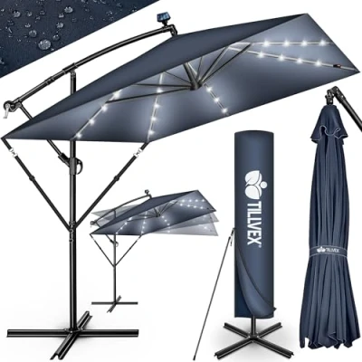 Imagen de tillvex® Sombrilla de Jardín Rectangular Ø 330 cm con Manivela + Funda soporte &amp; Protección Viento Parasol mercado impermeable UV (Antracita LED)