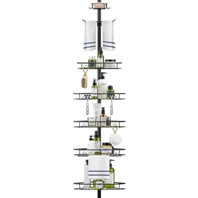 Imagen de Mutool Estante de ducha esquinero ajustable 7 niveles, organizador telescópico con jabón y toallero, almacenamiento baño sin taladrar para accesorios champú (negro)