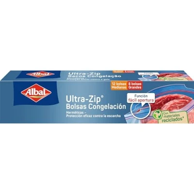 Imagen de Albal bolsas congelación hermética Ultra zip reutilizables, doble cierre, para nevera 40 90C, aptas lavavajillas, 8 de 3L y 12 1L, 70% material reciclado, sin BPA