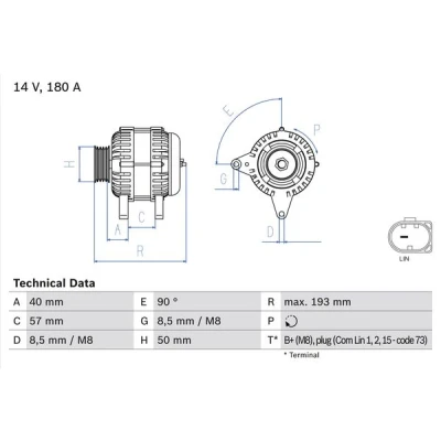 Imagen de BOSCH 0 986 083 850 Alternador 14V 180A VOLKSWAGEN: Transporter 5, 5 Bus, Golf 7, AUDI: A3 Berlina, Hatchback, SKODA: Octavia 3 Combi