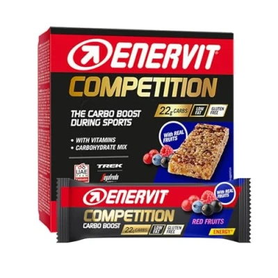 Imagen de Enervit, Barrita Competición Frutos Rojos, Barritas Energéticas, 22 Gramos de Carbohidratos, Sabor Enervit con Vitamina B1 y B6, Sin Gluten, Bajo en Grasas, 12 x 30g