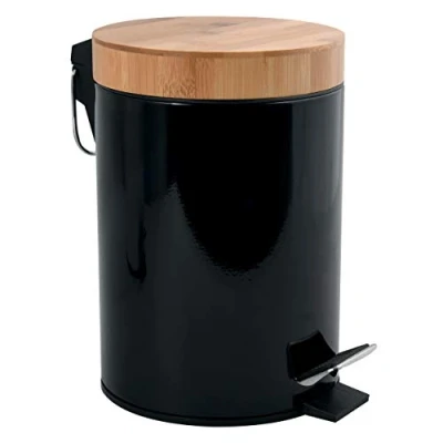 Imagen de Msv Papelera para baño (3 L, Acero Inoxidable, bambú, con Descenso automático y Cubo Interior, Cierre Suave), Color Negro, 3 litros