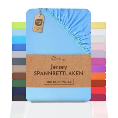Imagen de NatureMark Sábana Bajera Ajustable de Jersey, 100% algodón en Muchos tamaños y Colores, 180 x 200 cm cm, Azul clarol