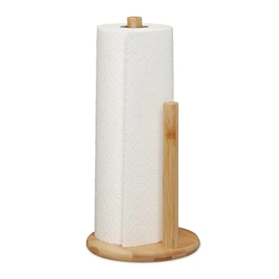 Imagen de Relaxdays Portarrollos Cocina Vertical, Bambú, Soporte Rollos con Tope, 28 x 14,5 cm, Sujetarrollos Redondo, Natural