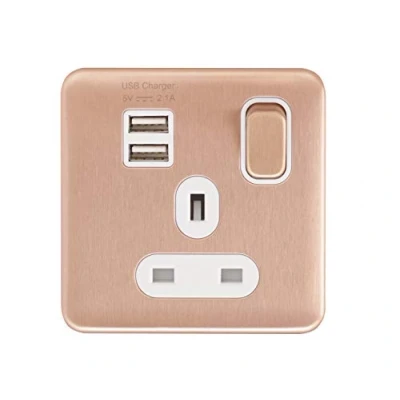 Imagen de Schneider Electric Lisse Screwless Deco Toma de corriente conmutada, 13A, solo polo, con 2 puertos carga USB, 2.1A compartido, GGBL30102USBAWLCS, cobre claro inserto blanco