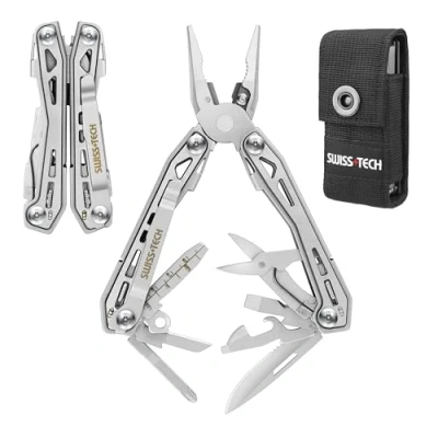 Imagen de Swiss+Tech Alicates Multifunción, 16 en 1 Multiusos, Herramienta Multifuncional Plegable de Acero Inoxidable con Sierras Destornillador Lima para Camping Senderismo