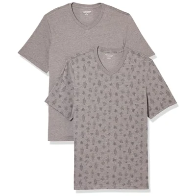Imagen de Amazon Essentials Camiseta de manga corta, cuello pico, corte recto (disponible en tallas grandes y largos especiales) Hombre, Pack 2, Gris Mezcla Cactus, XXL