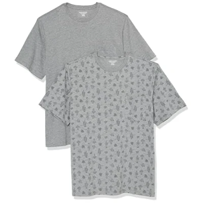 Imagen de Amazon Essentials Camiseta de Manga Corta con Bolsillo, Cuello Redondo y Corte Recto Hombre, Pack 2, Estampado Cactus/Gris Mezcla, S