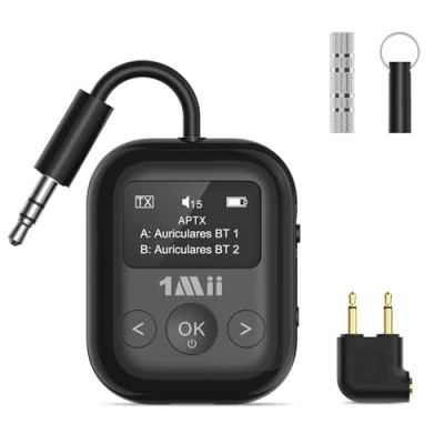 Imagen de 1Mii SafeFly Min+ Transmisor y receptor Bluetooth, adaptador Bluetooth para avión, 2 dispositivos se pueden conectar, uso con cualquier conector de 3.5 mm en aviones, equipo gimnasio,