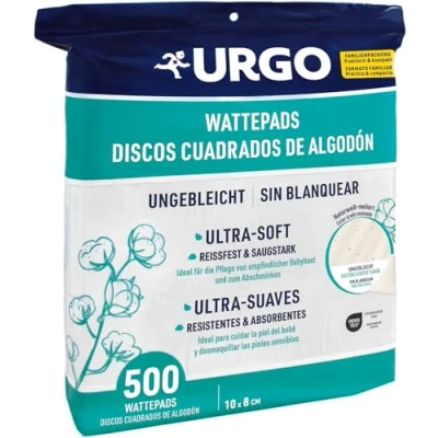 Imagen de Urgo, Cuadrados de algodón, Formato familiar, Ultra suaves absorbentes, Algodón calidad certificada OEKO TEX Sin Blanquear, 500 unidades