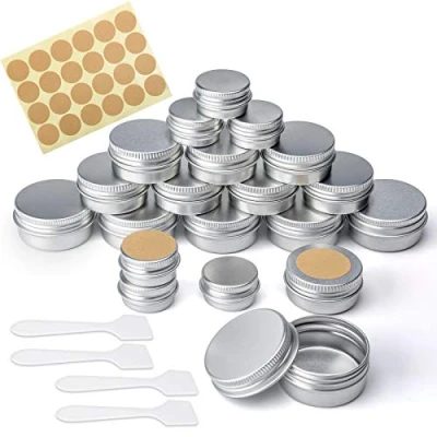 Imagen de 20 botes vacíos para cosméticos de 3 tamaños, tarros aluminio con tapas rosca, etiquetas y mini espátula, macetas muestra bálsamo labial, fabricación velas, crema, 10 ml, 5 ml)