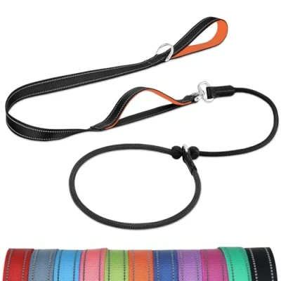 Imagen de Joytale Correa Retriever de Entrenamiento, Doble Asa Acolchada, Collar Antideslizante, Reflectante para Perros Pequeños y Medianos, 1,8 M, Negro/Naranja