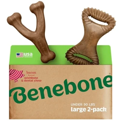 Imagen de Benebone Paquete de 2 masticables dentales indestructibles para masticadores agresivos, rompedor aburrimiento Resistente Larga duración Perros, Sabor Real a Tocino, Perros Grandes,