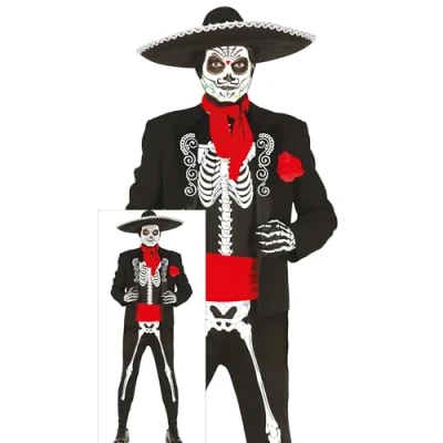Imagen de FIESTAS GUIRCA Disfraz de Esqueleto Mexicano para Hombre Traje Mariachi del Día los Muertos Disfraces Halloween Talla L 52 54