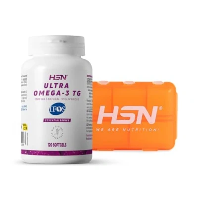 Imagen de HSN Ultra Omega 3 IFOS 5 Estrellas + PASTILLERO SEMANAL 120 Perlas 350mg de EPA 250mg DHA 1000mg Puro Aceite Pescado en Forma Triglicéridos Altamente Concentrado No GMO, Sin Gluten