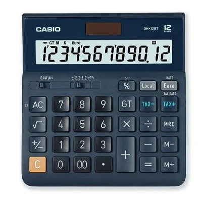 Imagen de Casio DH 12ET Calculadora de escritorio con pantalla extra grande 12 dígitos, alimentada por energía solar/batería, cálculo porcentaje avanzado, azul marino oscuro