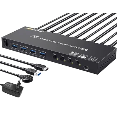 Imagen de USB 3.0 Switch KVM HDMI 4 PC 1 Monitor, 4K@60Hz EDID Simulado Puertos, Switches Monitor Compartir Dispositivos Inalámbricos Ratón Teclado Impresora, con 5 Cables y Wired Remote