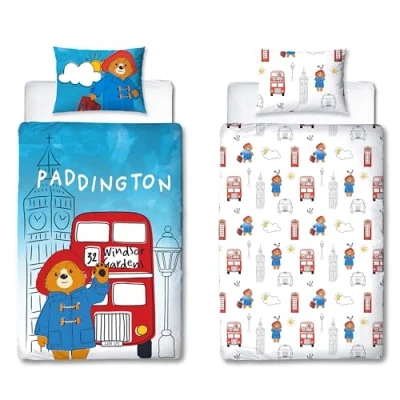 Imagen de Character World Paddington Bear™ Juego de Funda edredón para Cama Individual, diseño Reversible 2 Caras, Almohada a Juego, Color Blanco y Azul, polialgodón
