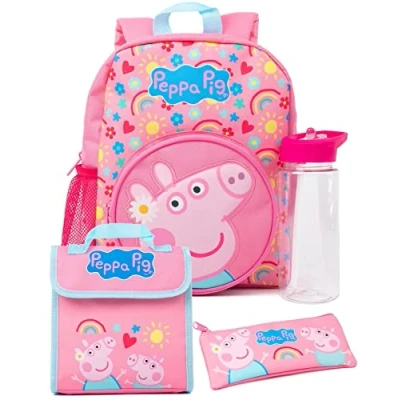 Imagen de Peppa Pig Kids 4 Piece Backpack Set Girls Boys Animated George Hearts Pink Rucksack Lunch Bag Pencil Case Water Bottle Regalos de mochila para el regreso a clases