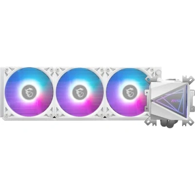 Imagen de MSI MAG CORELIQUID I360 AIO WHITE CPU Refrigeración líquida, Colplate ampliada, ventiladores ARGB Blockhead y LDB, radiador de flujo dividido, Mystic Light, Compatible con Intel AMD