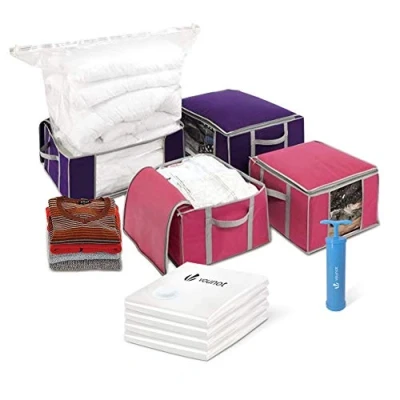 Imagen de VOUNOT 4 Bolsas de Almacenaje al Vacío y Cajas para Guardar Ropa con Cremallera Asas, Cama, Edredones, Almohadas, Mantas