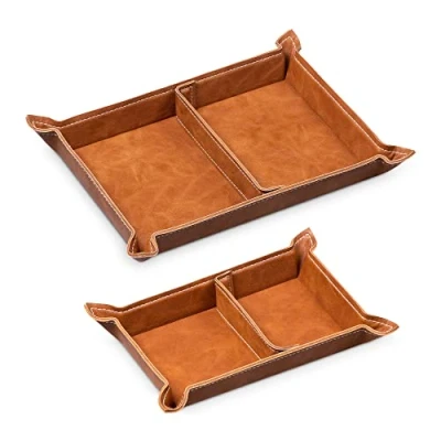 Imagen de Navaris Bandejas de cuero sintético Set 2x bandeja vaciabolsillos para dejar llaves monedas en recibidor oficina escritorio con divisor ajustable