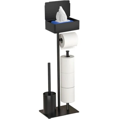 Imagen de GUIGUZI Portarrollos de Papel Higiénico Pie, Negro Acero Inoxidable Soporte para y Escobilla, sin Necesidad Taladrar, Escobilla