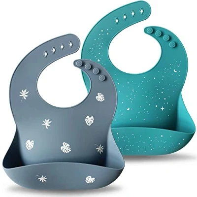 Imagen de Moonkie Lot de 2 bavoirs en silicone pour bébés, étanches, doux, durables et ajustables, sans BPA (Tradewinds/Teal)