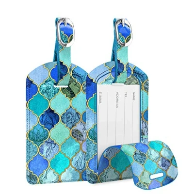 Imagen de Fintie Etiquetas de Equipaje [Paquete 2] Material Sintético con Cubierta Identificación Nombre para Maleta, Mosaico Azul