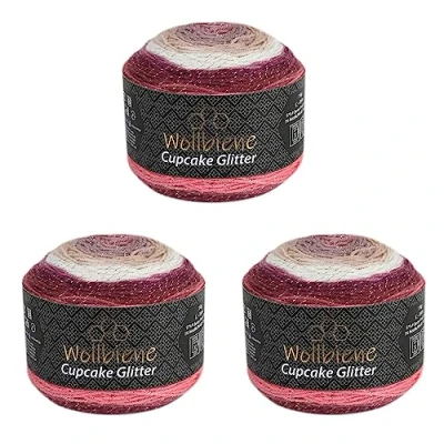 Imagen de Cupcake Glitter Simli 3 ovillos de 150 g lana para tejer, 450 g, tejer y hacer ganchillo, turca, color degradado con purpurina (3080 bayas, beige marrón)