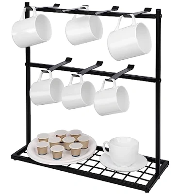 Imagen de BELLE VOUS Soporte para Tazas de Café con Base Almacenaje 40 x 15 41 cm Estructura 14 Ganchos Encimera Organizador Metal 2 Niveles Cocina, Té y