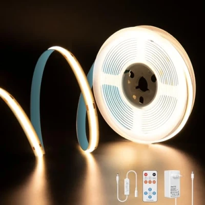 Imagen de tira de luces LED COB 3000K blanco cálido, PAUTIX 5m 480LEDs/M kit regulables,24V Superbrillante cinta con control remoto RF 18teclas para hogar bricolaje