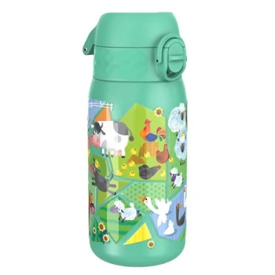 Imagen de ION8 Botella Agua Acero Inoxidable para Niños, 400ml, a Prueba de Fugas, Fácil Abrir, Cerradura Segura, Apta Lavavajillas, Tapa Abatible, Asa Transporte, Limpiar,Animales Granja