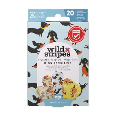 Imagen de Wild Stripes Tiritas Infantiles Animal Fun con estilo para pequeños exploradores Hipoalergénicas, resistentes al agua, protectoras y delicadas piel sensible 20 uds