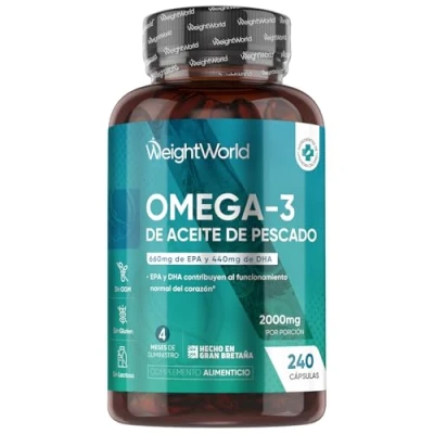 Imagen de Omega 3 2000mg de Concentración 240 Perlas Aceite Pescado (660mg EPA + 440mg DHA) Ácidos Grasos Alta Potencia para Salud Cerebral, del Corazón y la Presión Sanguínea 4 Meses