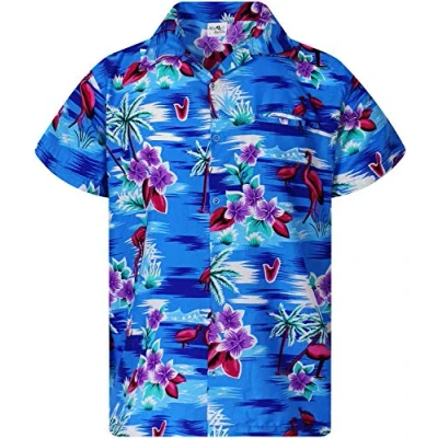 Imagen de King Kameha Funky Camisa Hawaiana, Manga Corta, Flamingos, Azul, S