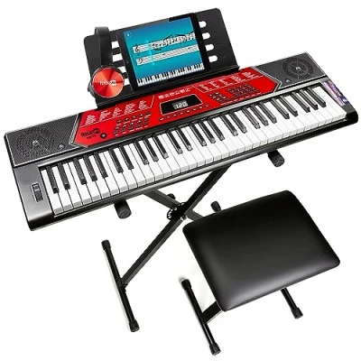 Imagen de RockJam Teclado de Piano 61 Teclas con Kit Inflexión Tono, Soporte Para Teclado, Banco Piano, Auriculares, Aplicación Simply y Pegatinas Notas Clave, Negro