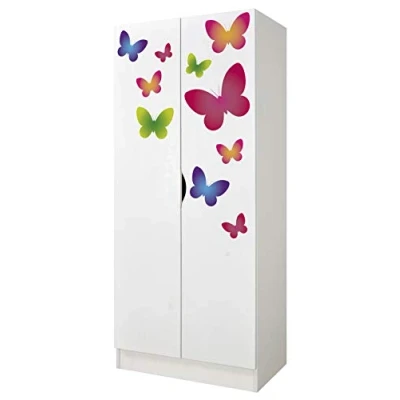 Imagen de leomark Armario Funcional de Madera Roma con Puertas correderas, Dim: 70 x 42,5 161,5 cm (Alto) Blanco para niños (Mariposas), Habitacion Bebés Guardería Dormitorio