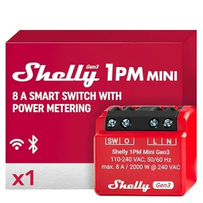Imagen de Shelly 1PM Mini Gen 3 Relé Interruptor Inteligente WiFi y Bluetooth, 1 Canal 8A con Medición De Consumo Automatizacion Del Hogar Compatible Alexa Google Home No Hub Requerido