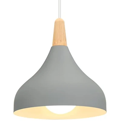 Imagen de iDEGU Lámpara de Techo Moderna, 20CM LED Colgante en Hierro y Madera Estilo Escandinavo Iluminación E27 Retro Luz Interior para Dormitorio Comedor Sala Estar (1 Pieza, Gris)