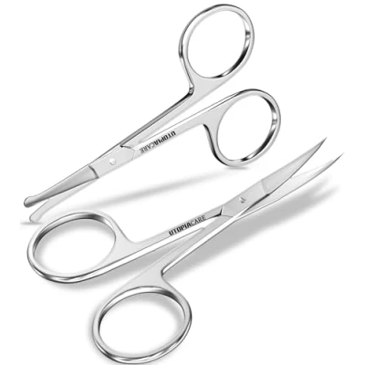 Imagen de Utopia Care Tijeras de pelo facial curvadas y redondeadas para hombres recortar bigote, nariz barba, uso seguro cejas, pestañas oídos acero inoxidable profesional (Plata)