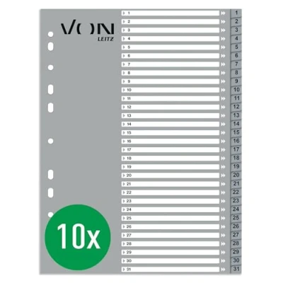 Imagen de VON Leitz 12870085 Paquete de 10 índices números A4, separadores numerados del 1 al 31 para carpetas, polipropileno, índice universal 11 agujeros carpetas hojas sueltas y