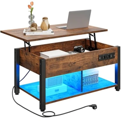 Imagen de YITAHOME Mesa de Centro con Placa elevable, fácil Levantar, Espacio Almacenamiento 2 Niveles, Ajustable en Altura Compartimento Oculto e iluminación LED