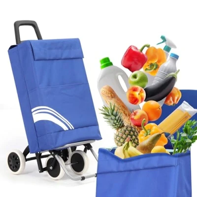 Imagen de Carro de la compra plegable 40 litros, resistente al agua, carrito plegable, bolsa con 4 ruedas, cesta ruedas (azul/blanco)
