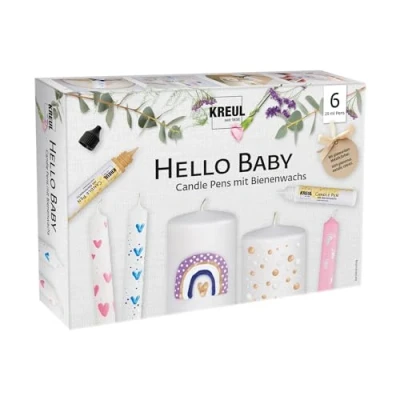 Imagen de KREUL 49758 Set de 6 rotuladores para velas Hello Baby, x 29 ml, punta fina, colores con cera abeja decorar y pintar