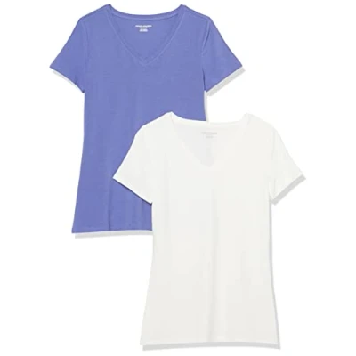 Imagen de Amazon Essentials Camiseta de Cuello en v Manga Corta y Ajuste Clásico Mujer, Pack 2, Azul Morado/Blanco, S