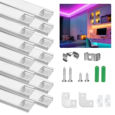 Imagen de Ykall Perfil de Aluminio, 14 PCS x 1m Aluminio LED Forma U, Canal para Tira con Cubierta Blanca Lechosa, Conector esquina, los Casquillos Extremo, Clips