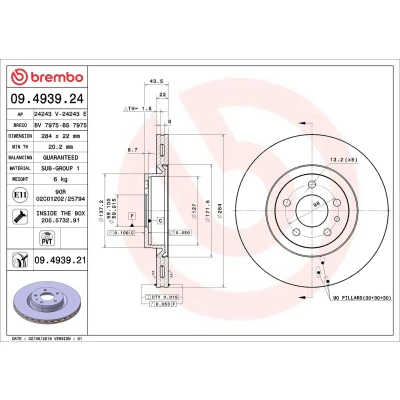Imagen de BREMBO 09.4939.24 Disco de freno 284 22 5 ventilación interna con tornillos ALFA ROMEO: 147, 156 Berlina, GT, FIAT: Fiorino III Furgón / Familiar